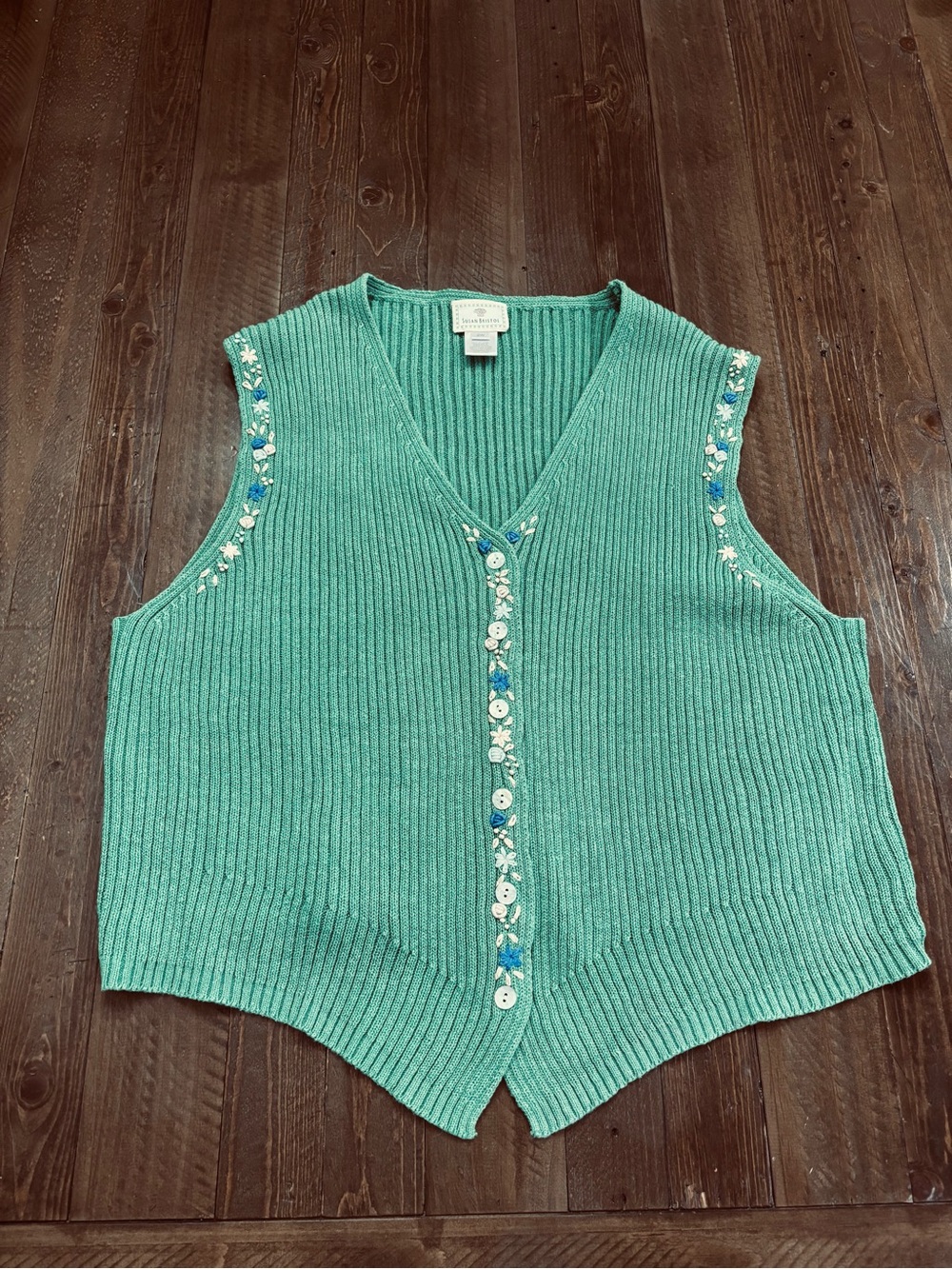 Susan Bristol Vintage Green Ribbed Button-Front Knit Vest with Floral Embroidery